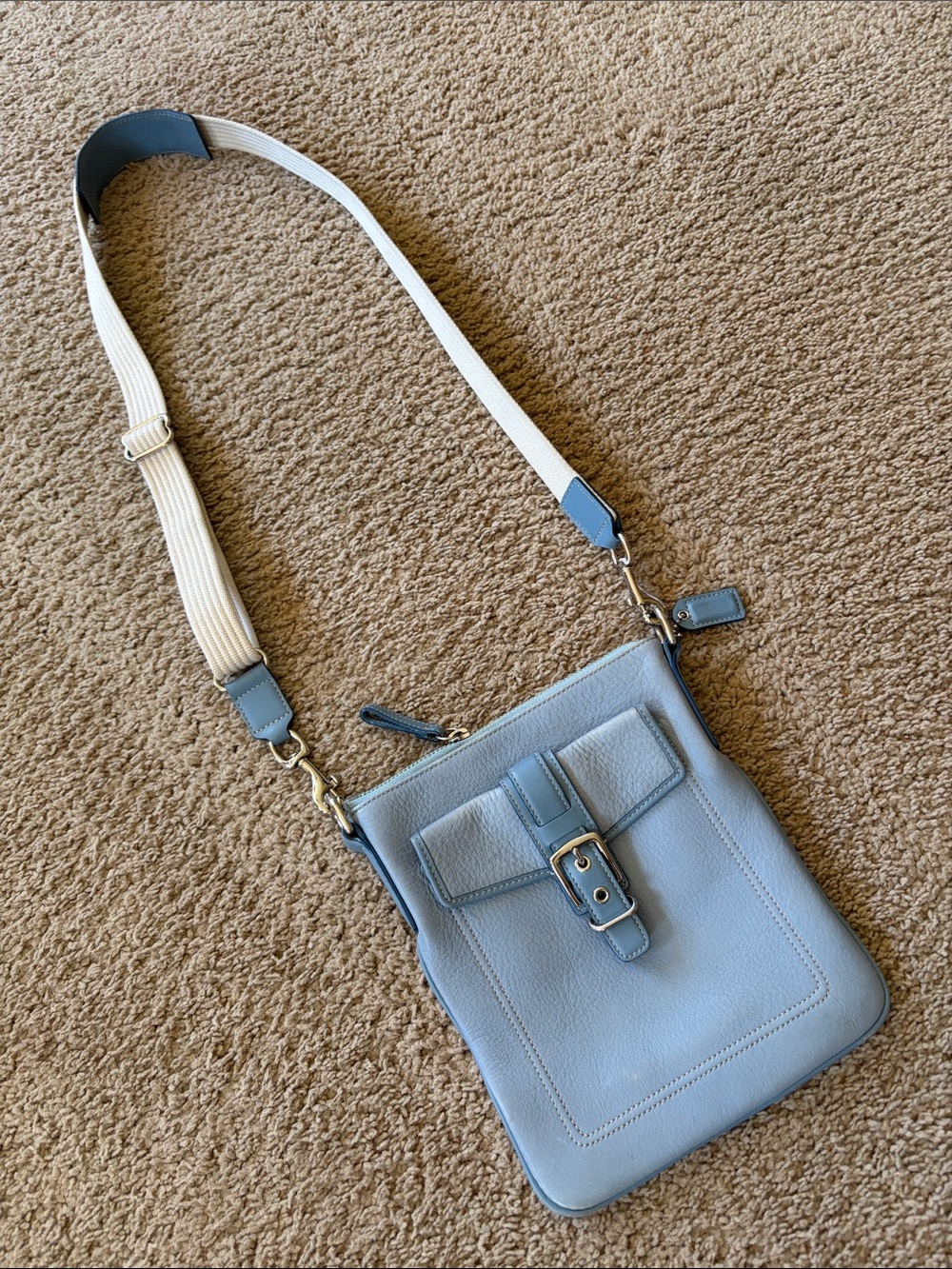 Coach SoHo Buckle Swingpack Crossbody 10687 Light Blue Leather Fabric Strap